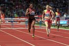 Perri Shakes-Drayton beats Eilidh Child in the 400 metres hurdles in the IAAF Diamond League, Birmingham.